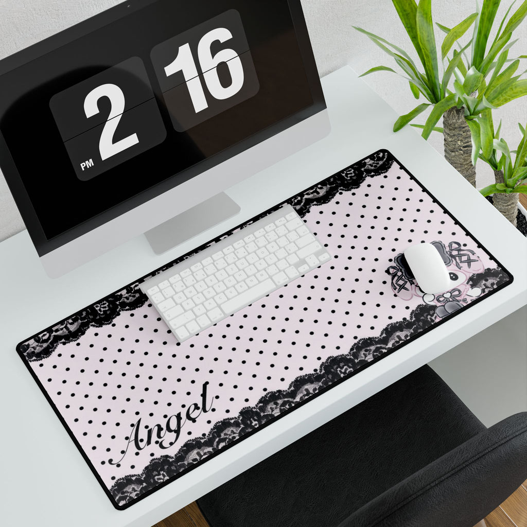 Pink Polka Dot 'Angel' Lace Gaming/Office Mouse Pad with Kawaii Bunny