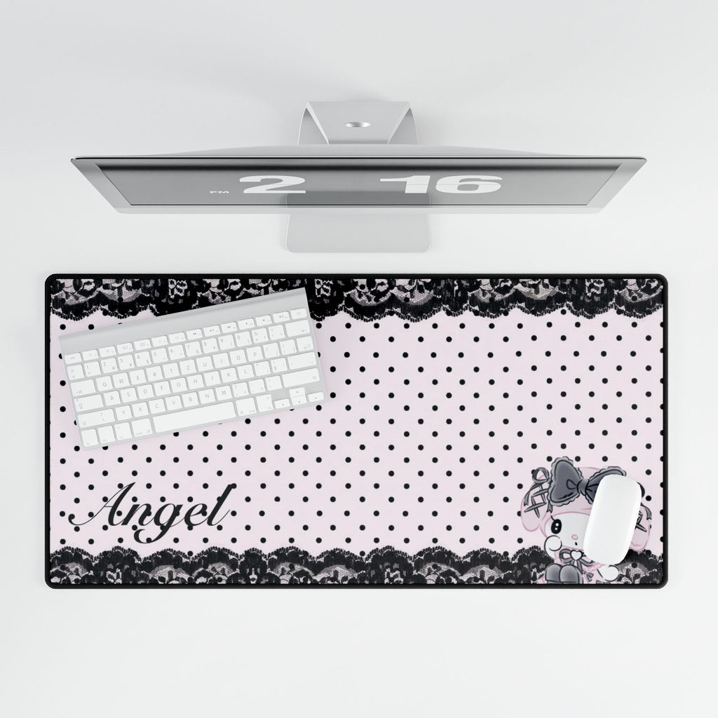 Pink Polka Dot 'Angel' Lace Gaming/Office Mouse Pad with Kawaii Bunny